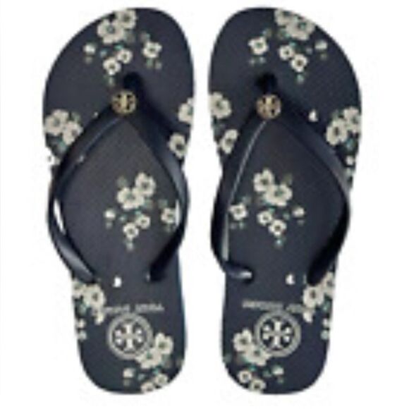 Tory Burch Navy Floral Thin Flip Flops - Picture 1 of 5